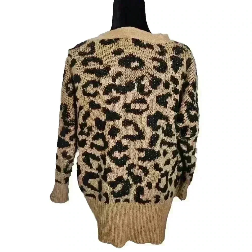 Wildfox Womens Tan Roar Tilly Leopard Print Slouchy Soft Cardigan Sweater S